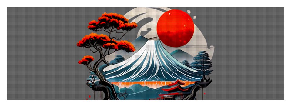 Printed yoga mat showing Japanese mountain waves beneath a red sun