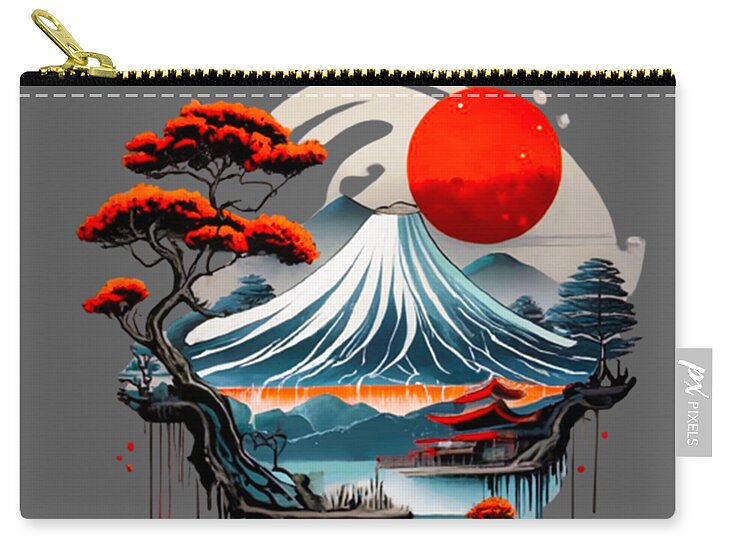 Zip pouch with gold zipper and red-sun Japanese landscape print, wave and trees.