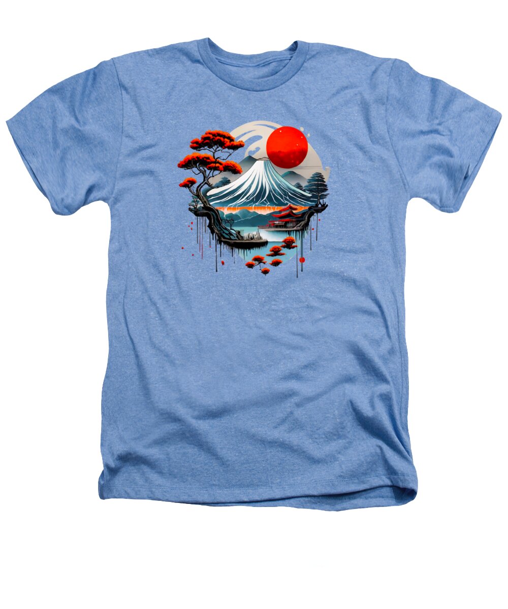 Light blue heather t-shirt with Japanese landscape graphic, red sun and waves.