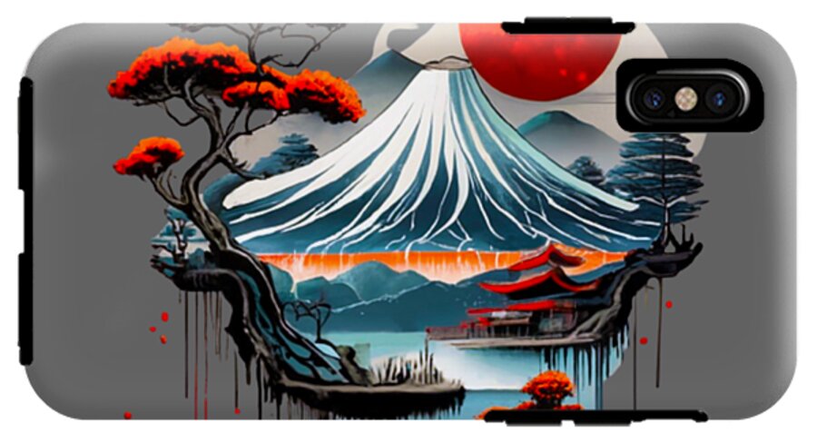 Gray phone case with Mount Fuji and red sun waves; pine branches and rear camera cutout.