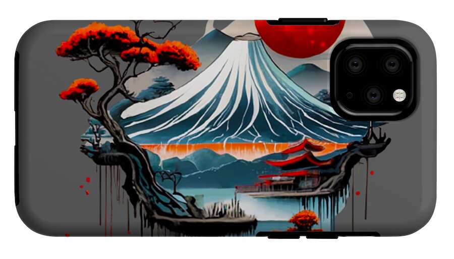 Japanese landscape phone case with Mount Fuji wave and red sun, dark gray back