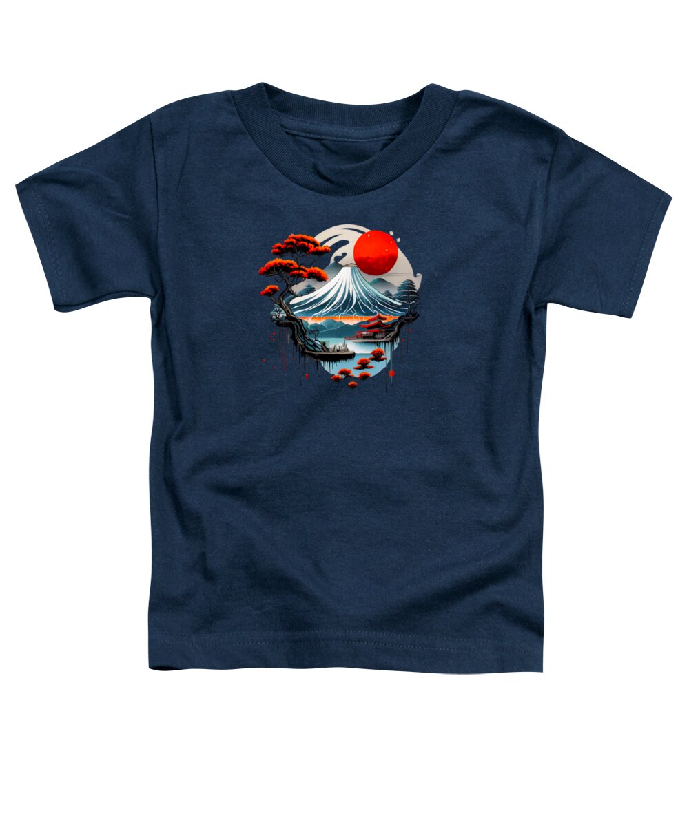 Toddler T-shirt, navy, Japanese landscape graphic with red sun and ocean waves