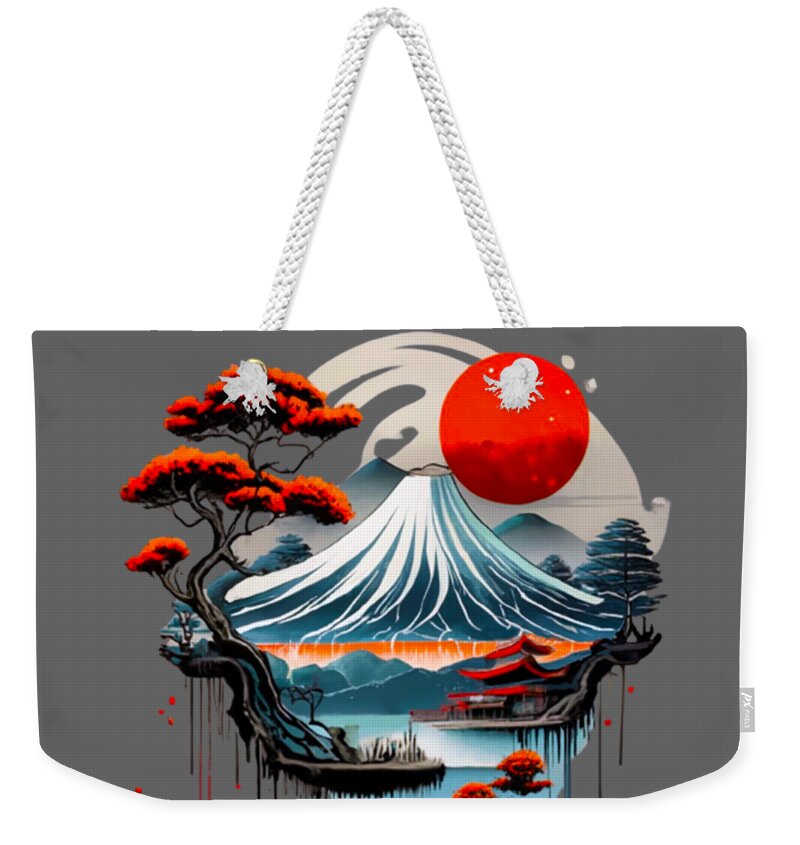 Weekender tote bag with dark gray Mount Fuji artwork, red sun, braided white rope handles