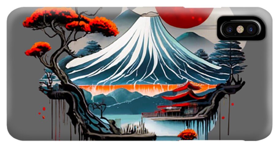 Japanese landscape phone case with Mount Fuji wave art, red sun, dark gray back