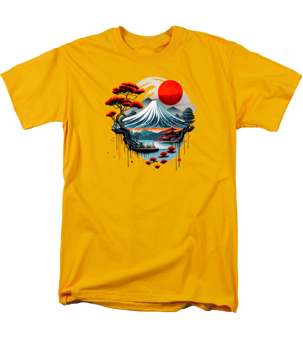 Men's yellow T-shirt with Japanese mountain and red sun graphic