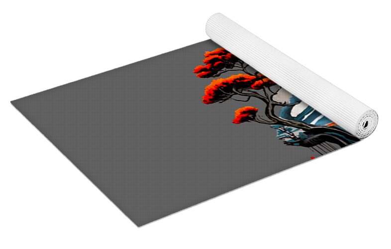 Unrolled printed yoga mat with Japanese scene, red sun, pine trees, blue waves