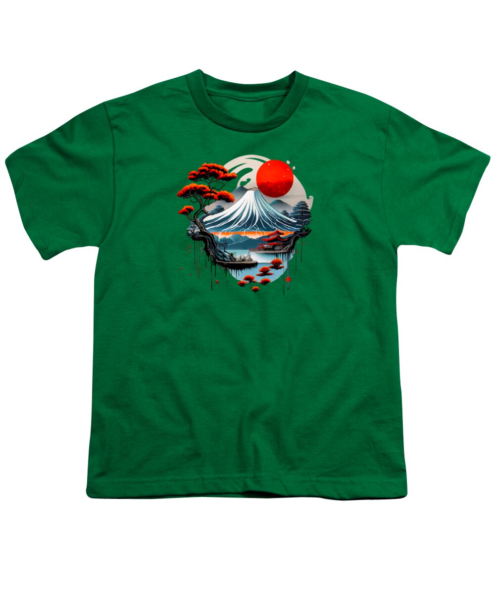 Youth T-shirt in kelly green with Japanese wave and red sun graphic centered