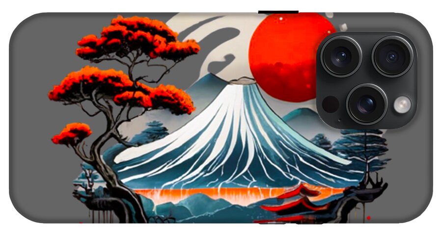 Mount Fuji Japanese landscape phone case, gray back with red moon and wave art