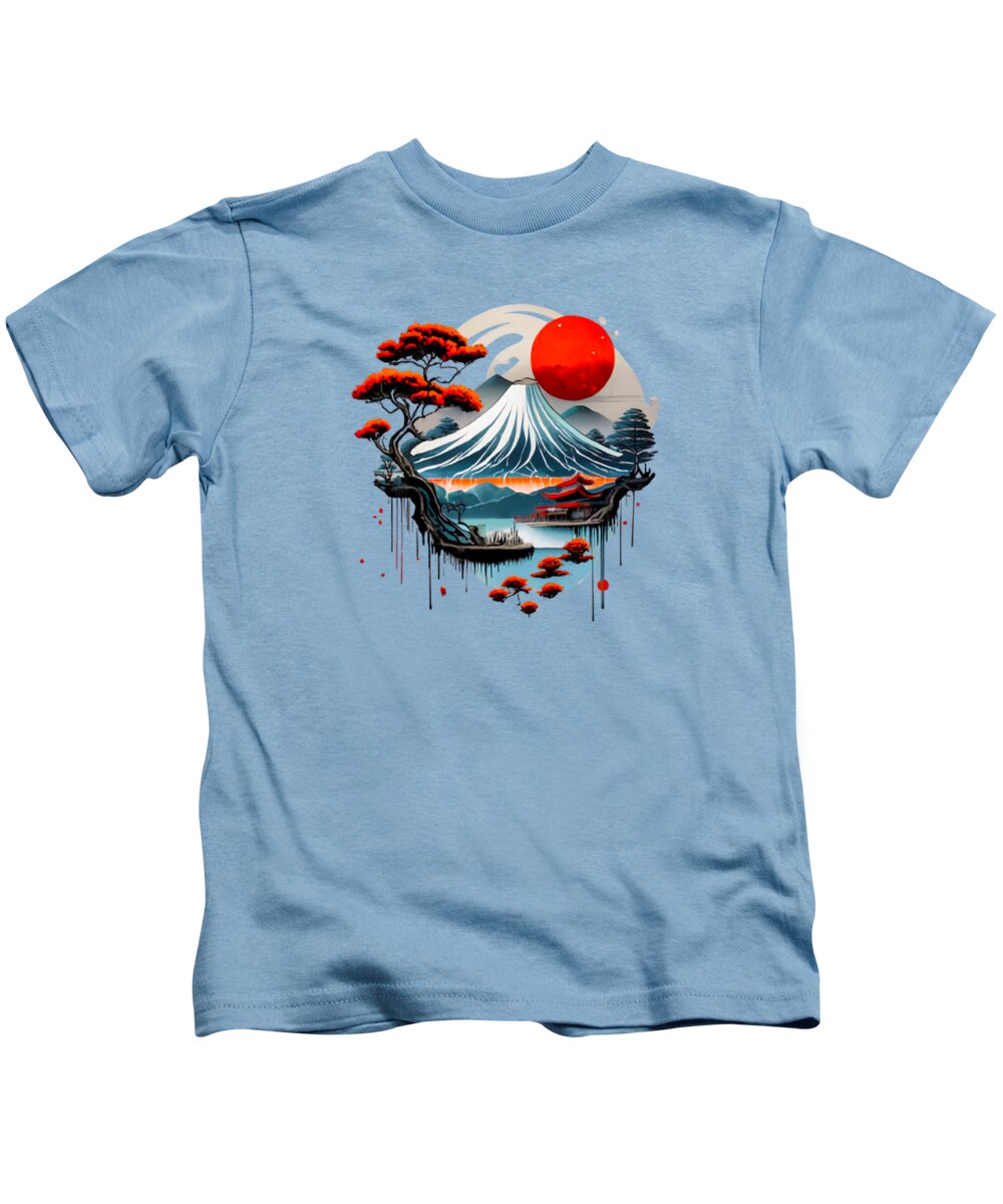 Kids t-shirt in light blue with Mount Fuji landscape graphic on front
