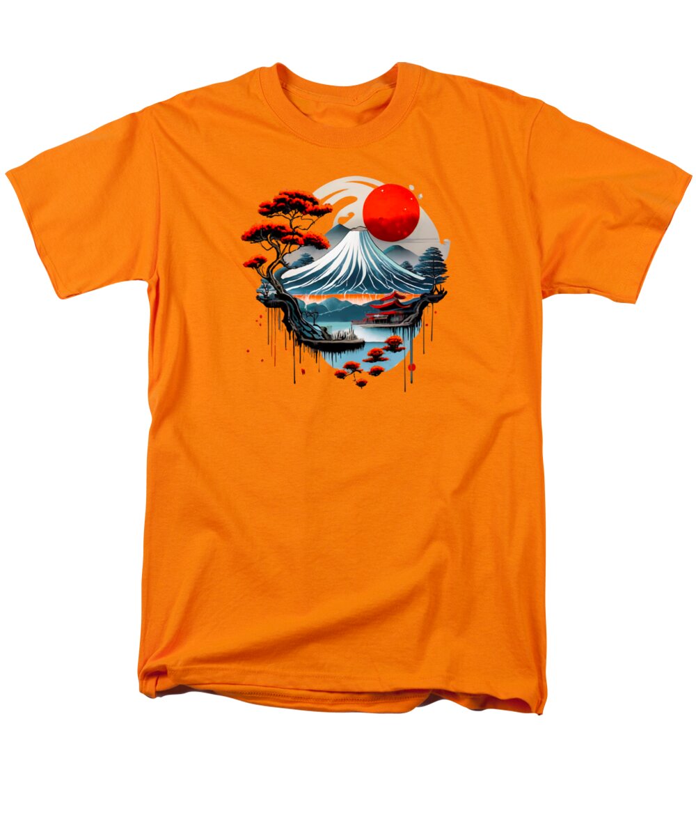 Orange men's T-shirt with circular Japanese landscape graphic and red sun