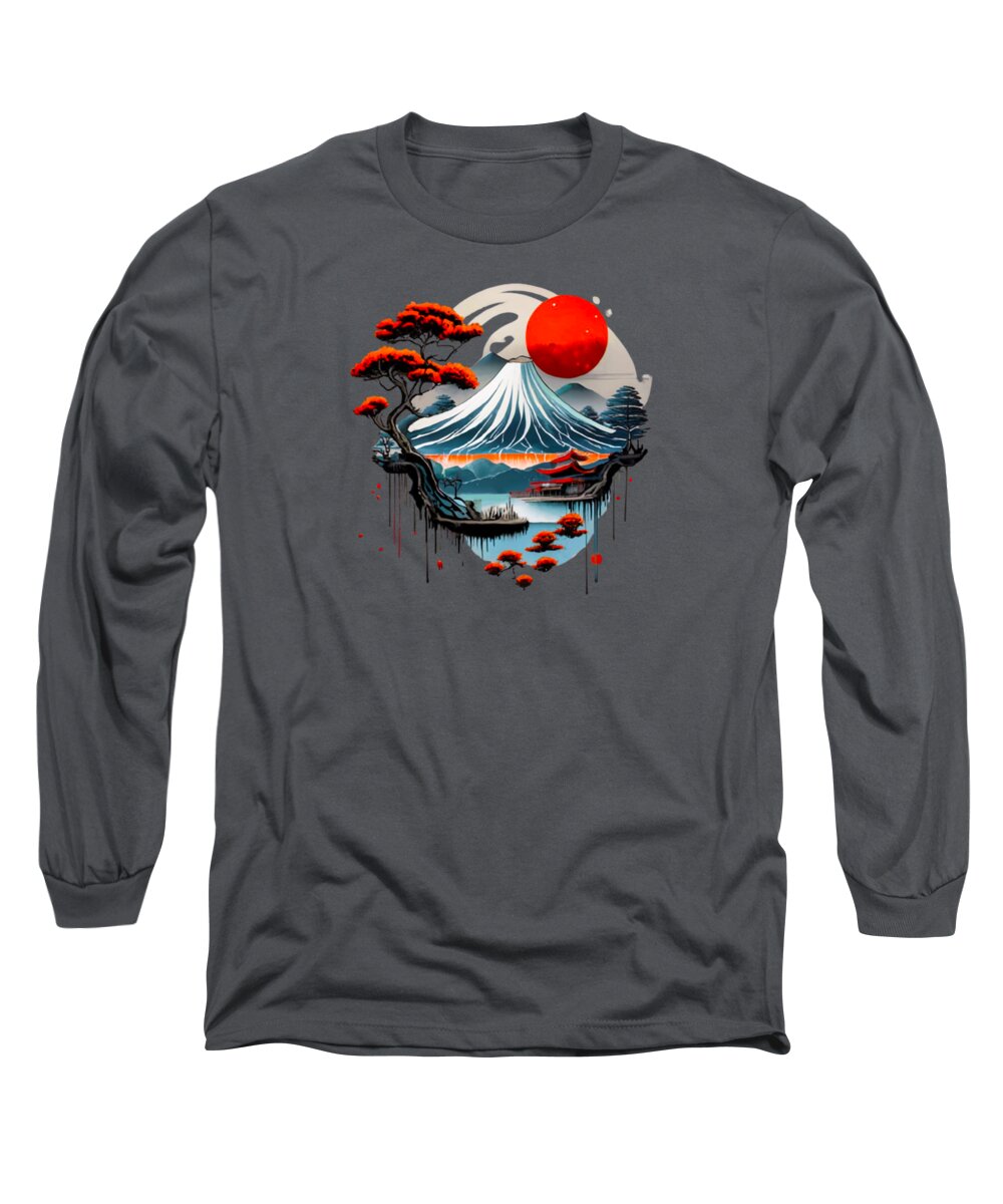 Charcoal gray long-sleeve T-shirt with Japanese landscape graphic on chest