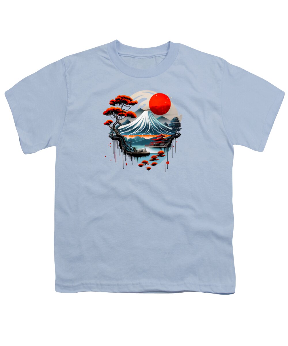 Light blue youth t-shirt with front graphic of stylized wave and red sun.