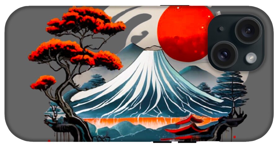 Mount Fuji Japanese landscape phone case with red sun, blue ocean, and dark tree branches; camera cutout