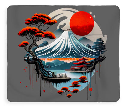 Japanese landscape throw blanket featuring Mount Fuji, red sun, and ocean waves