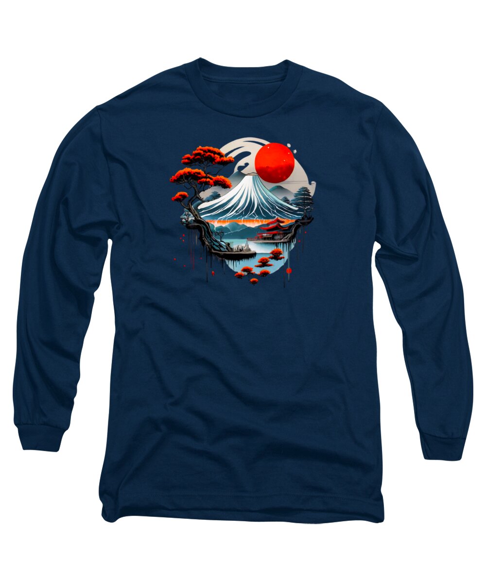 Navy long-sleeve T-shirt with Japanese landscape graphic on chest