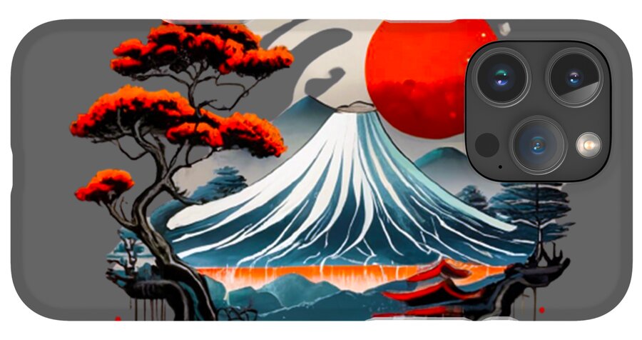 Mount Fuji Japanese landscape phone case featuring red sun, ocean wave, and flowering trees; camera cutout