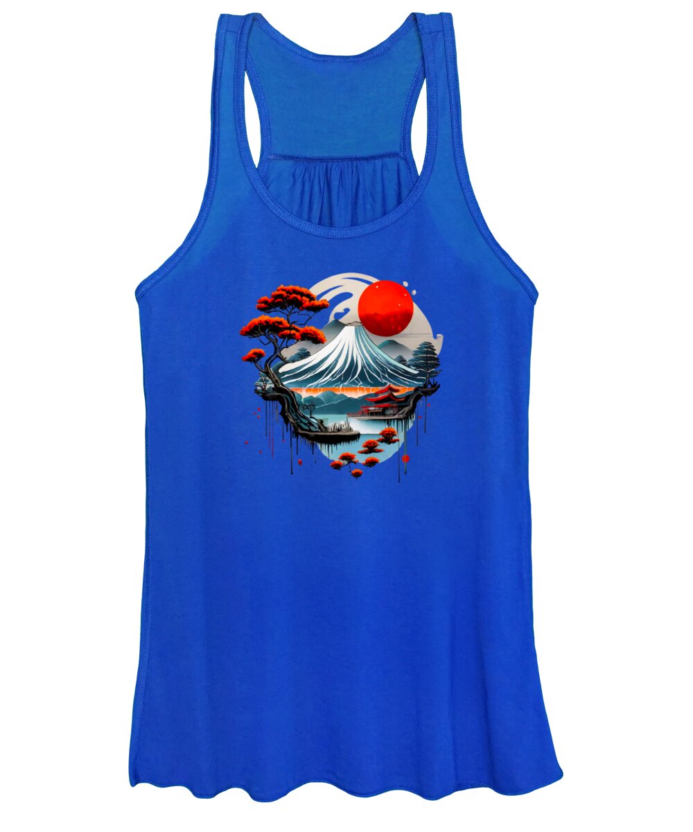 Royal blue women's tank top with Japanese wave and red sun graphic