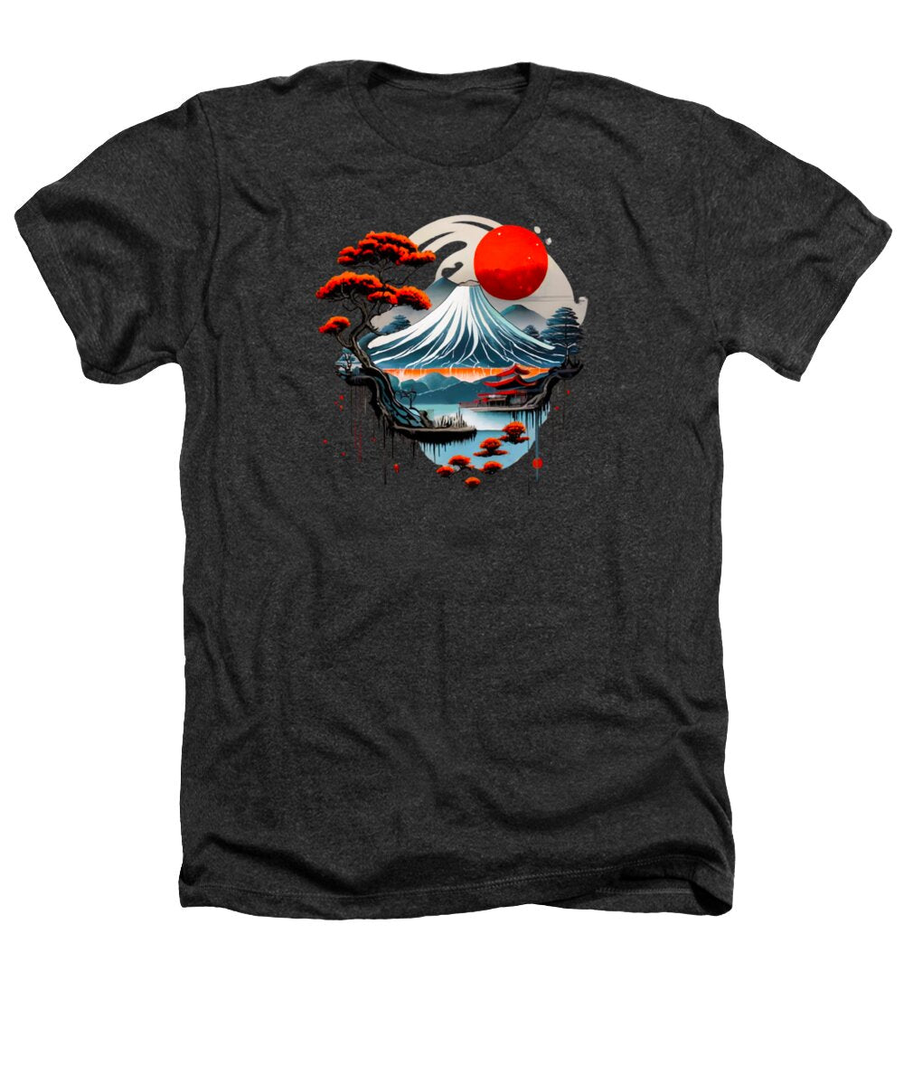 Charcoal heather t-shirt with Japanese landscape graphic, red sun and waves.