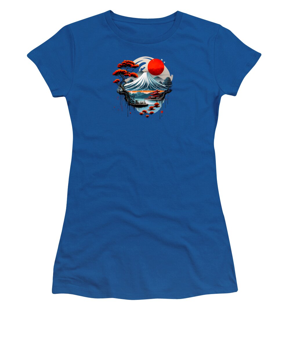Royal blue women's T-shirt with Mount Fuji graphic and red sun