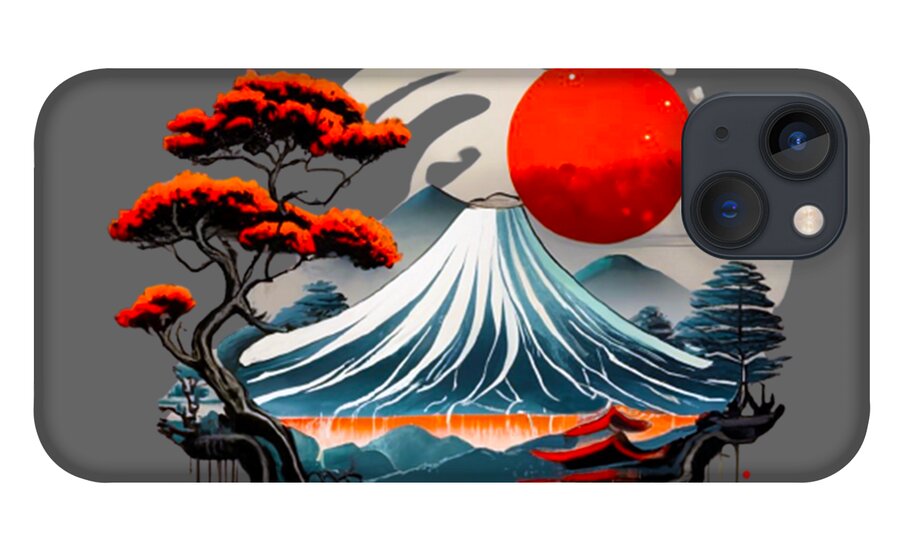 Phone case featuring Mount Fuji artwork with a red sun, blue wave mountain, and bonsai trees; camera cutout.