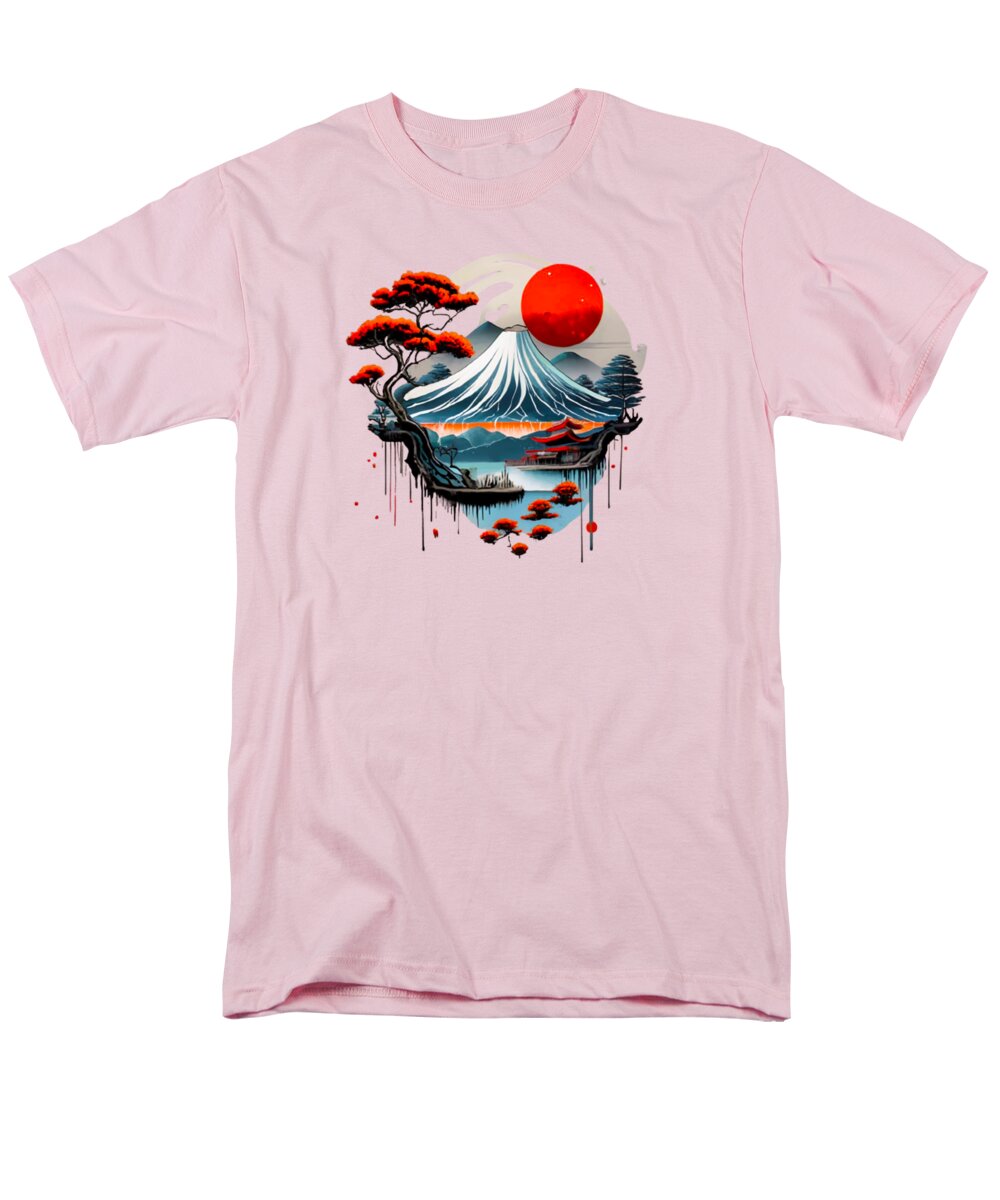 Light pink men's T-shirt with circular Japanese landscape graphic and red sun