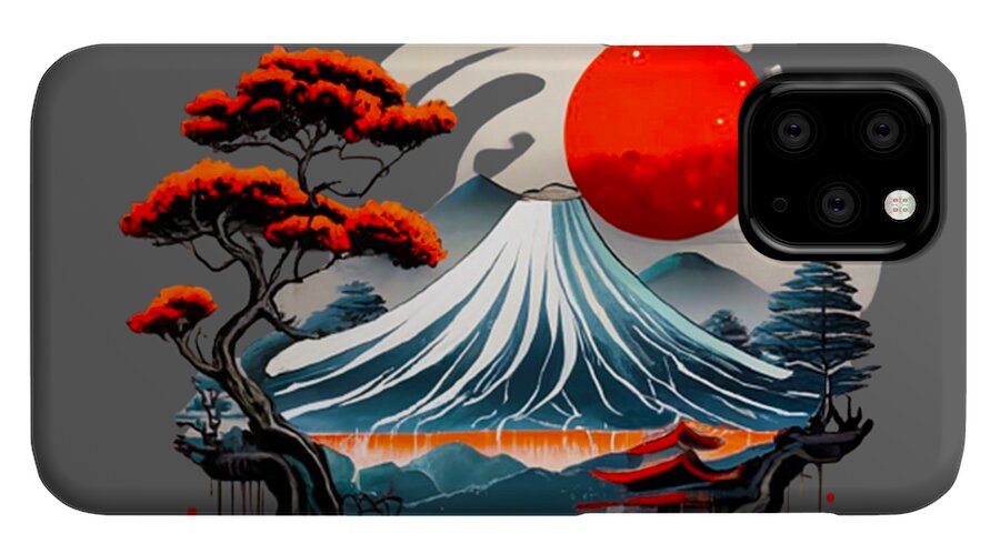 Japanese landscape phone case with Mount Fuji scene, red sun and pine trees, dark gray back