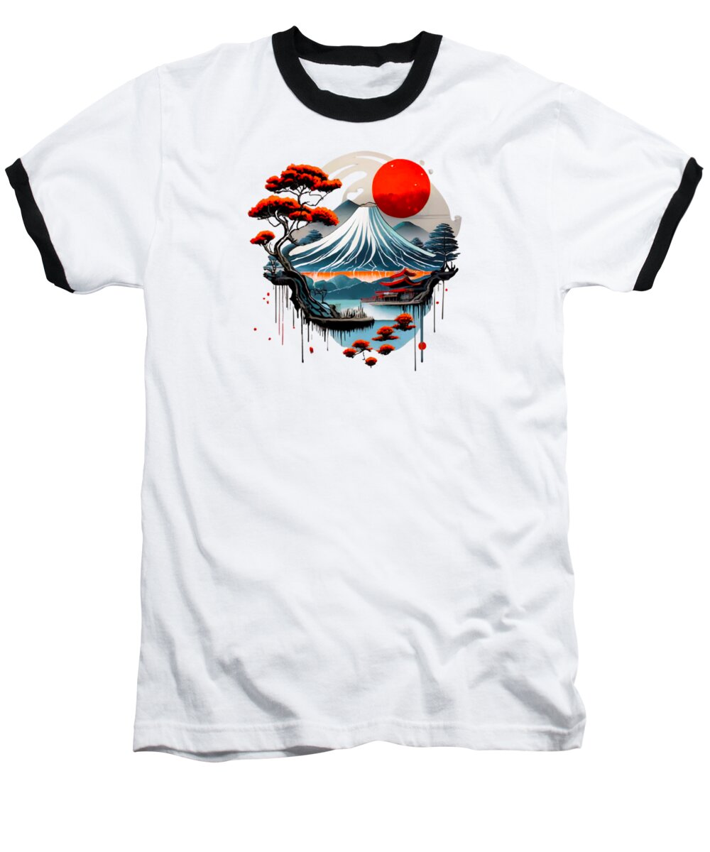 White baseball T-shirt with black trim and colorful Mount Fuji graphic