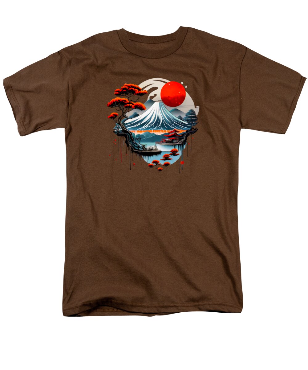 Men's brown T-shirt with Japanese mountain and red sun graphic