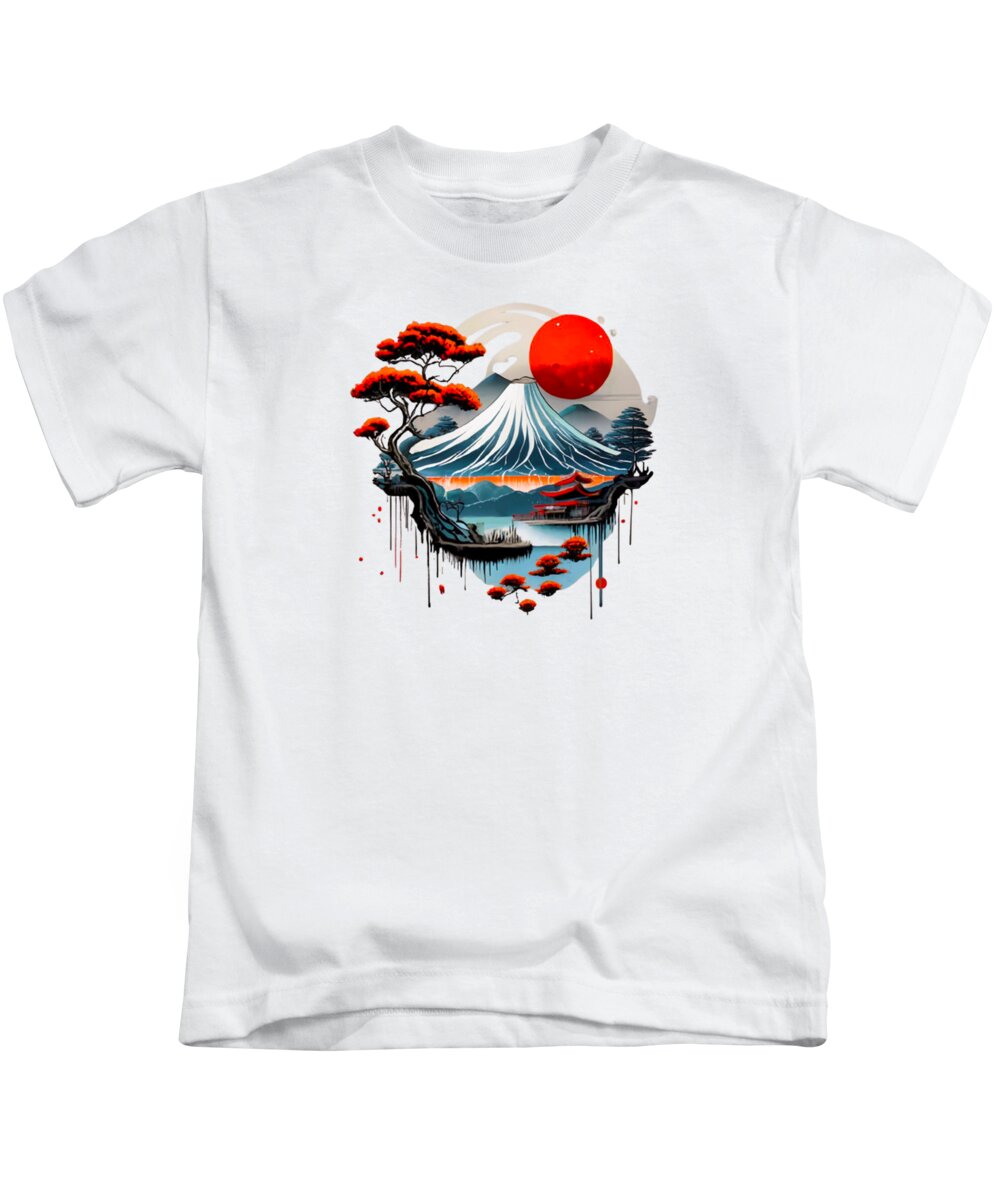 White kids T-shirt with colorful Japanese landscape graphic and red sun