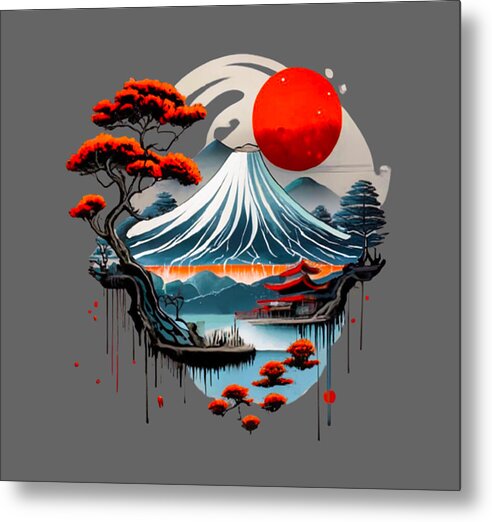 Metal print of stylized Mount Fuji with red sun, wave crest, trees, and dripping accents