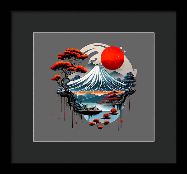 Framed Japanese landscape print with red sun, wave mountain, and red trees; black frame