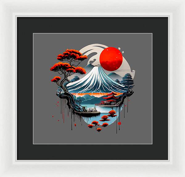 Framed Japanese landscape wall art with red sun, wave, trees; black mat, white frame