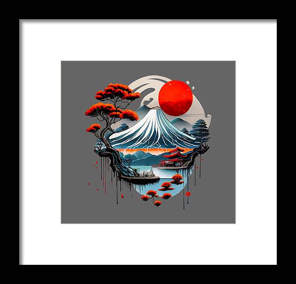 Framed Japanese landscape print with red sun, wave mountain, and red trees; black frame