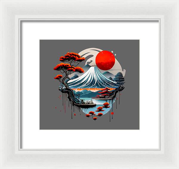 Framed Japanese landscape print with red sun, wave mountain, and red trees; white frame