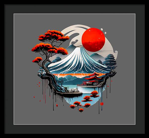 Framed Japanese landscape print with red sun, blue wave, and red-crowned trees; black frame