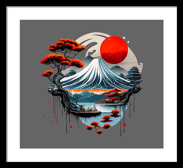 Framed Japanese landscape print with red sun above wave mountain scene, black frame