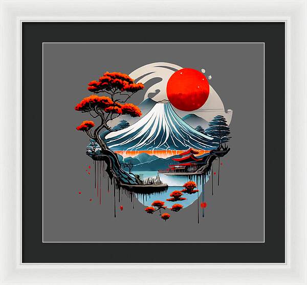 Framed Japanese landscape print with red sun over wave mountain scene, white frame, black mat