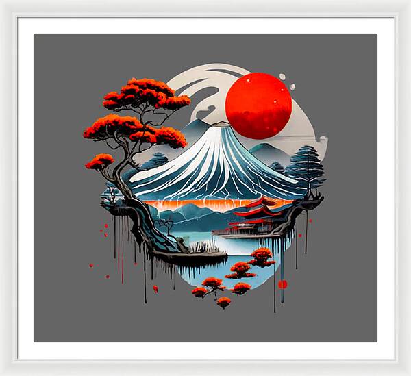 Framed Japanese landscape print with red sun, wave mountain, and red trees; white frame
