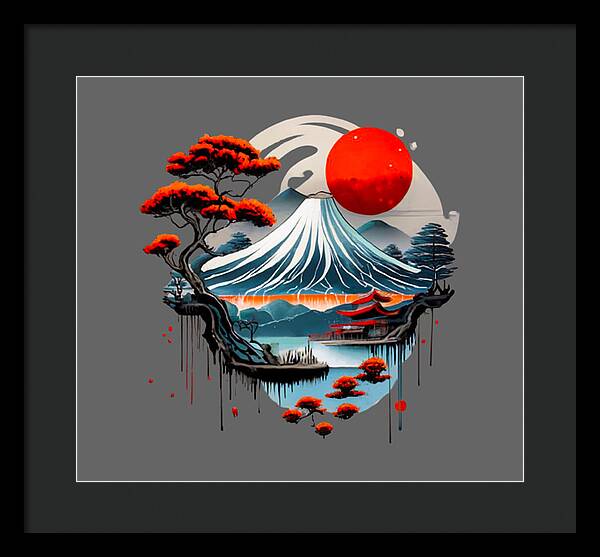 Framed Japanese landscape wall art with red sun, wave, trees; dark outer frame
