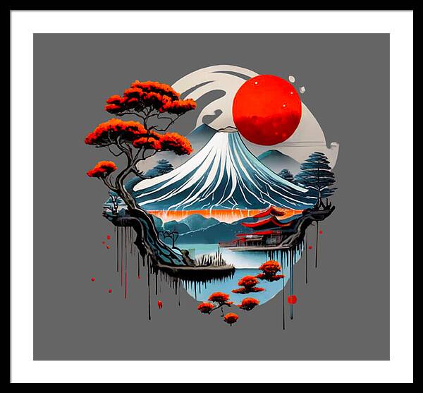 Framed Japanese landscape print with red sun, blue wave, and red-crowned trees; white frame
