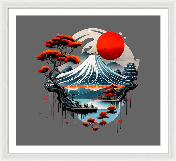 Framed Japanese landscape print with red sun over a blue wave; white frame and light mat