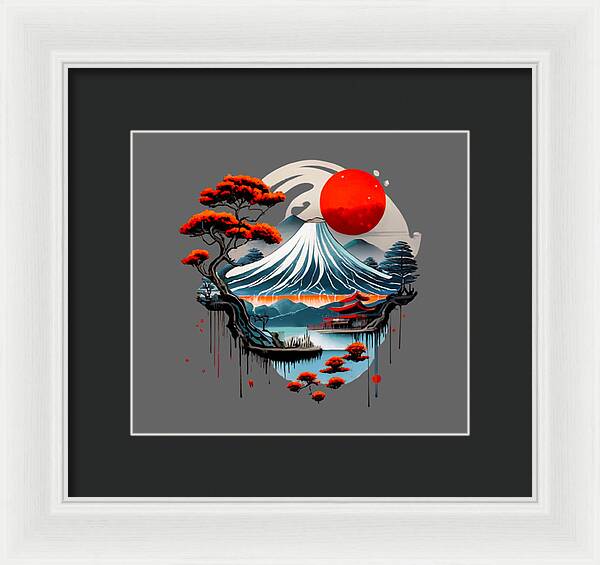 Framed Japanese landscape print with red sun, wave mountain, and red trees; white frame, dark mat