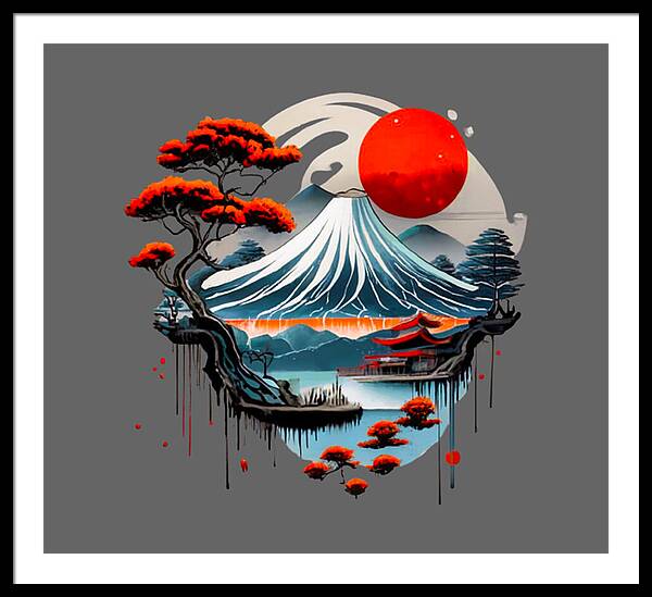 Framed Japanese landscape print with red sun, blue wave, and red-crowned trees; white border, dark frame