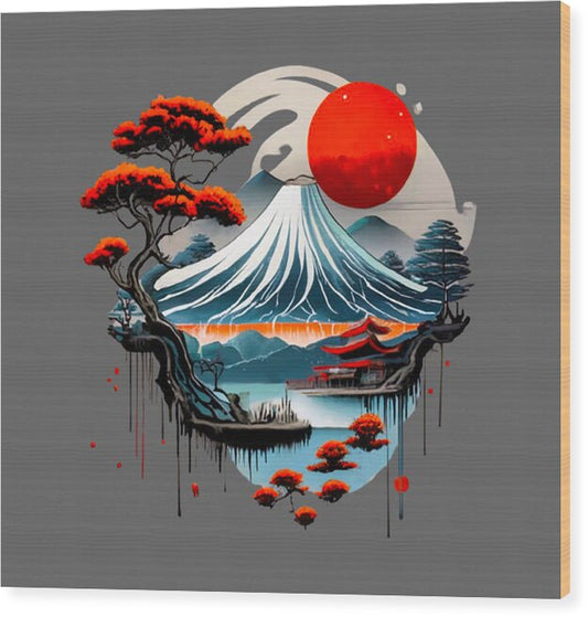 Wood print wall art of Mount Fuji with red sun, wave lines, and dark trees