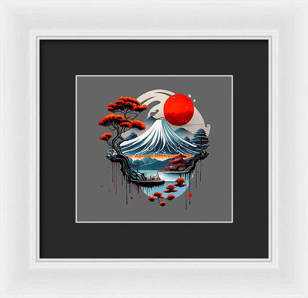 Framed Japanese landscape print with red sun, wave mountain, and red trees; white frame, black mat