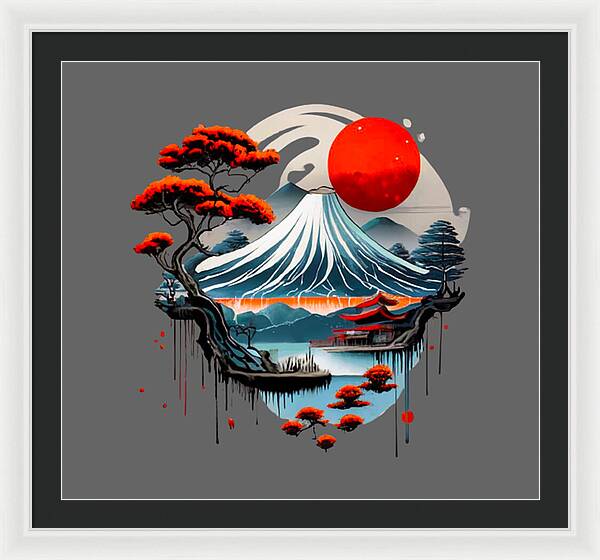 Framed Japanese landscape print with red sun and blue wave; black inner mat, white frame