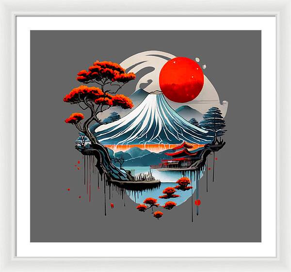 Framed Japanese landscape print with red sun and blue wave; white frame