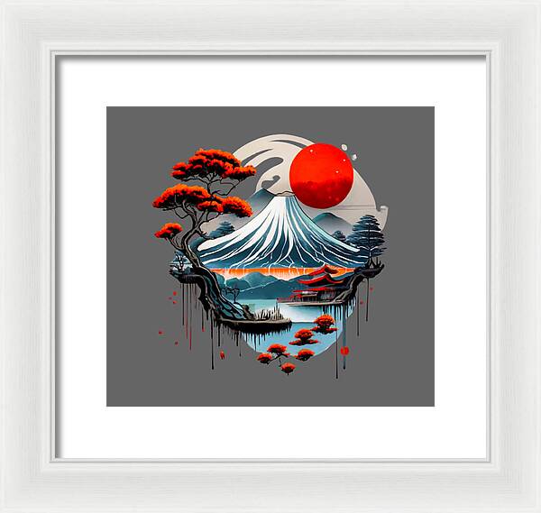 Framed Japanese landscape wall art with red sun, wave, trees; white frame