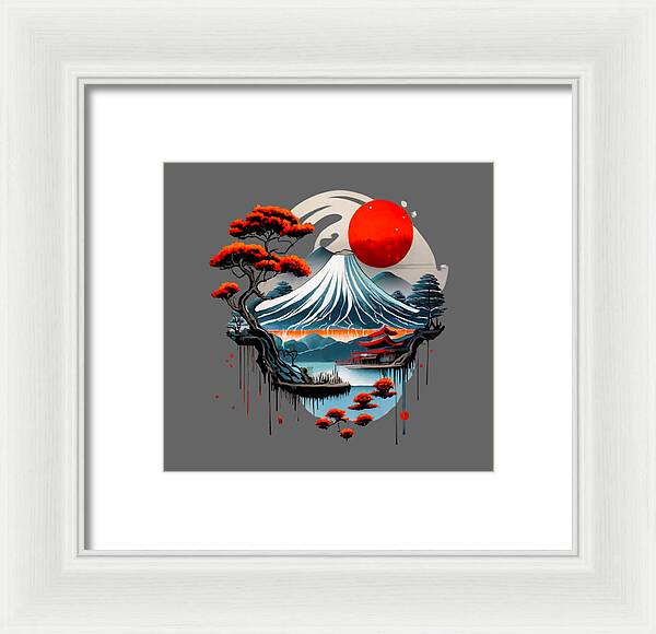 Framed Japanese landscape print with red sun, wave mountain, and red trees; white frame