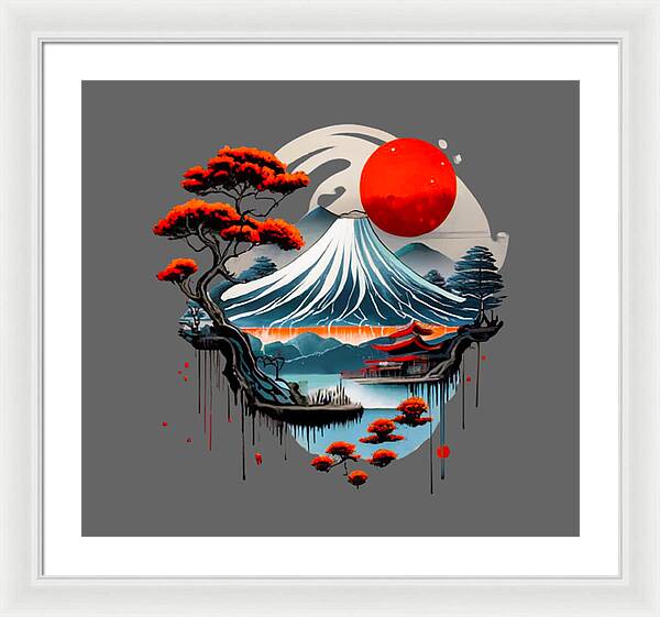 Framed Japanese landscape print with red sun over a blue wave; white frame